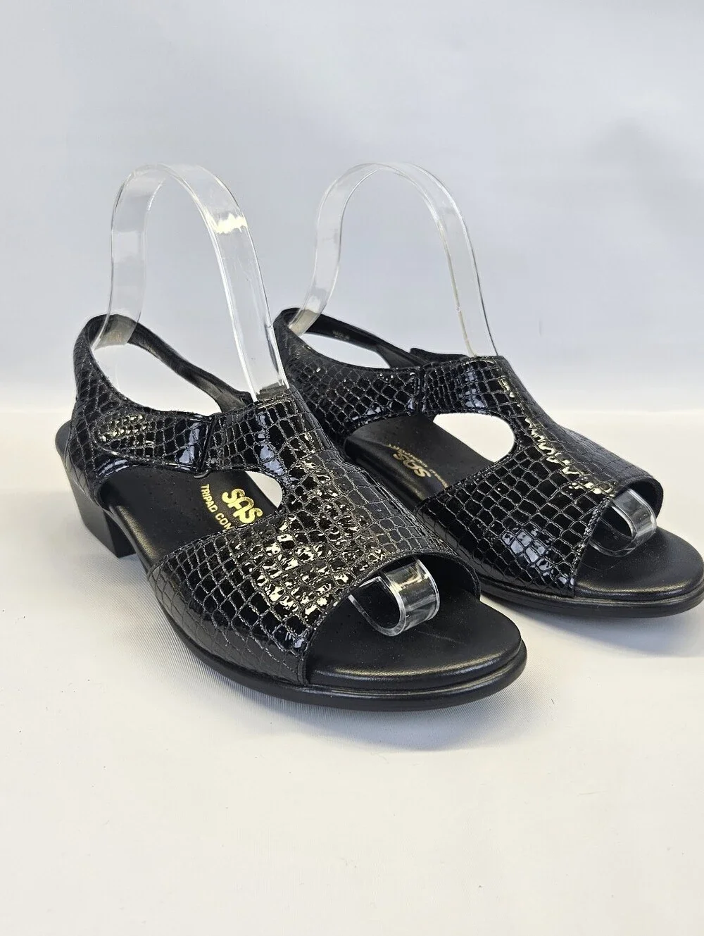 SAS Womens Suntimer Sandals 7.5 WIDE Black Patent Croc Block Heel Strap Shoes